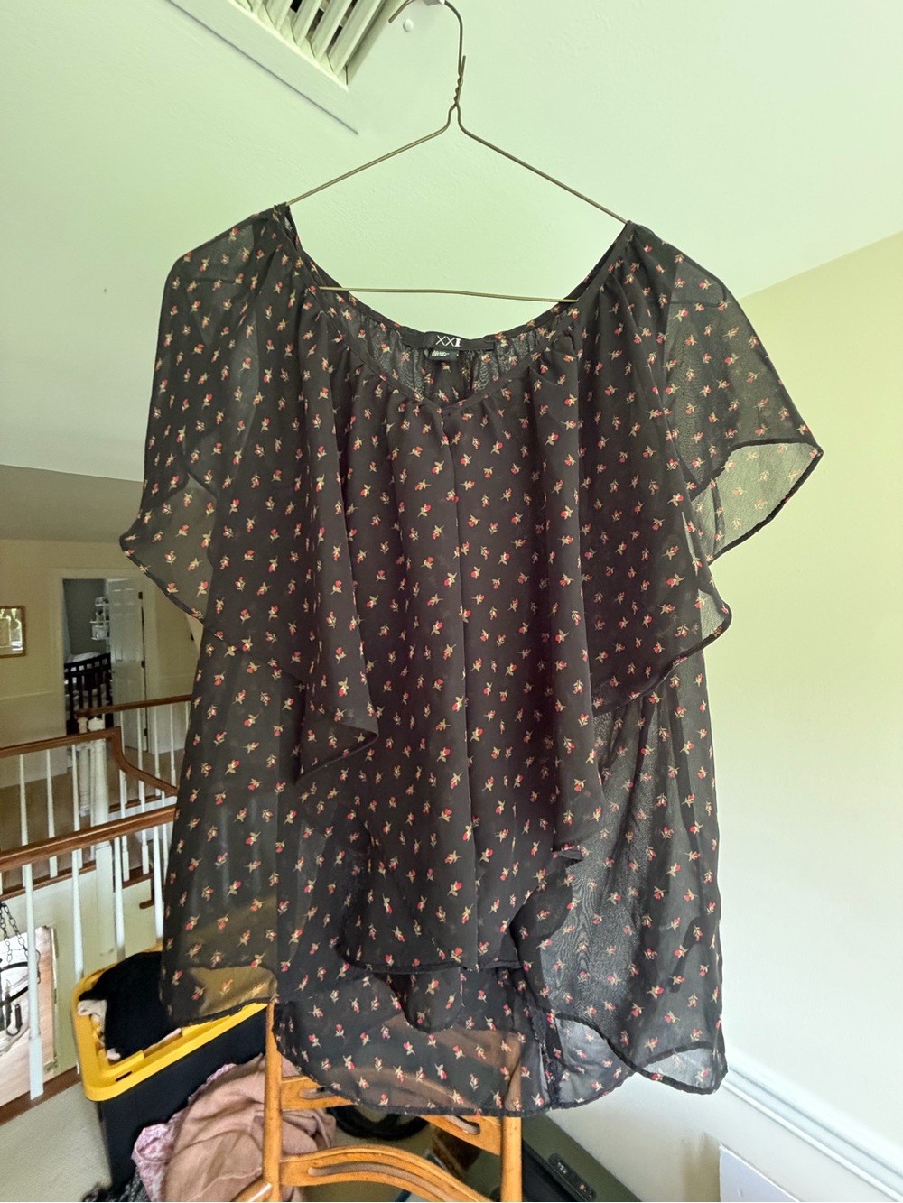 Forever 21 Black Sheer Blouse with Pink Floral Print